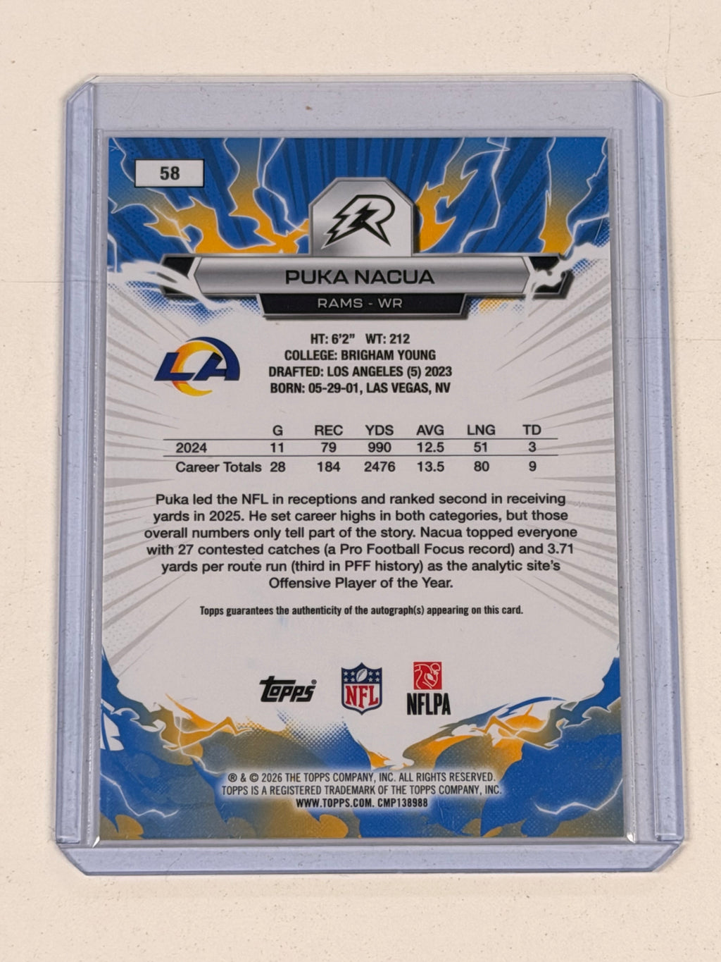 PUKA NACUA 2026 TOPPS RESURGENCE LIME GREEN POWER SURGE AUTO /15 #58 RAMS (KK)