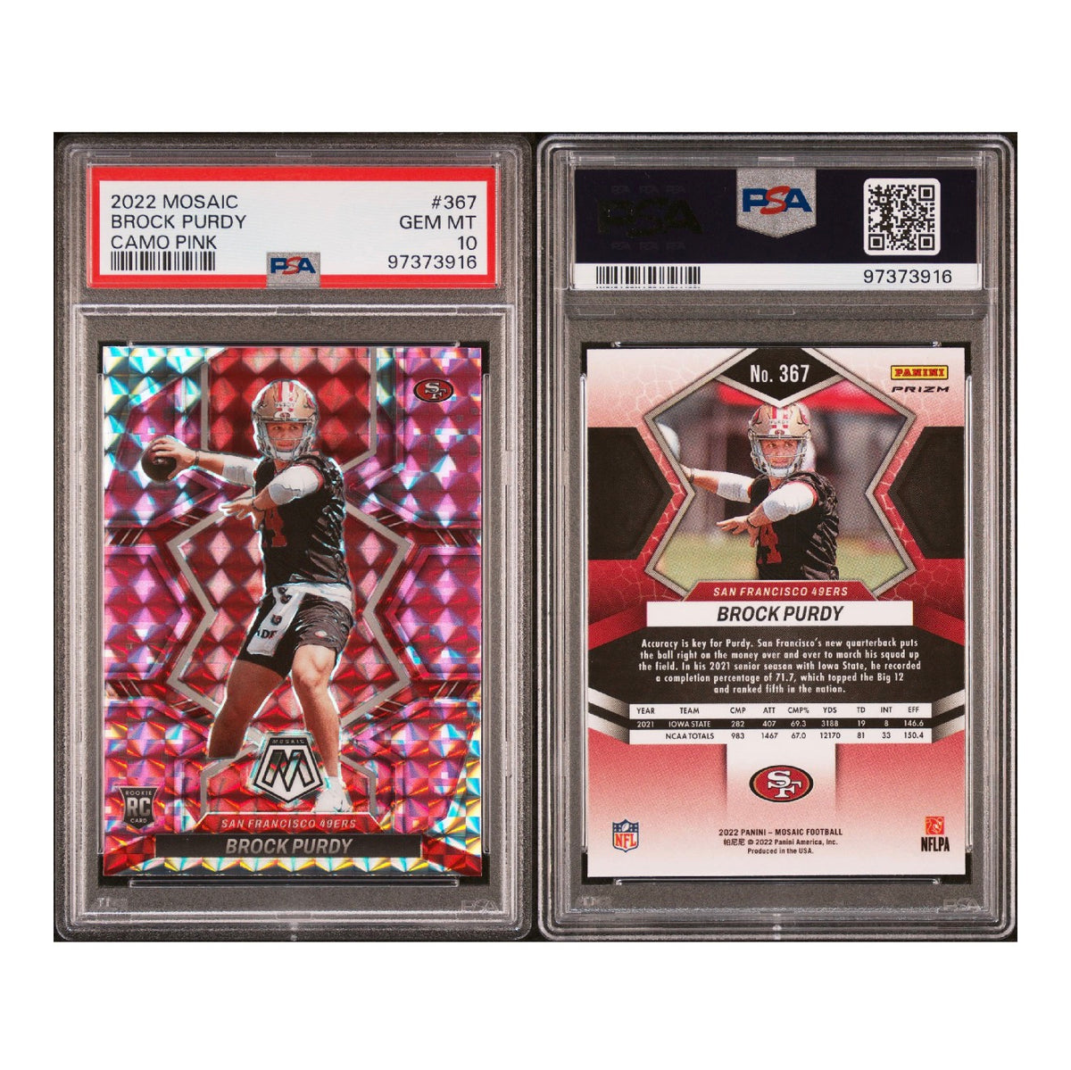 2022 PANINI MOSAIC #367 BROCK PURDY CAMO PINK PSA 10 GEM MINT (SY)