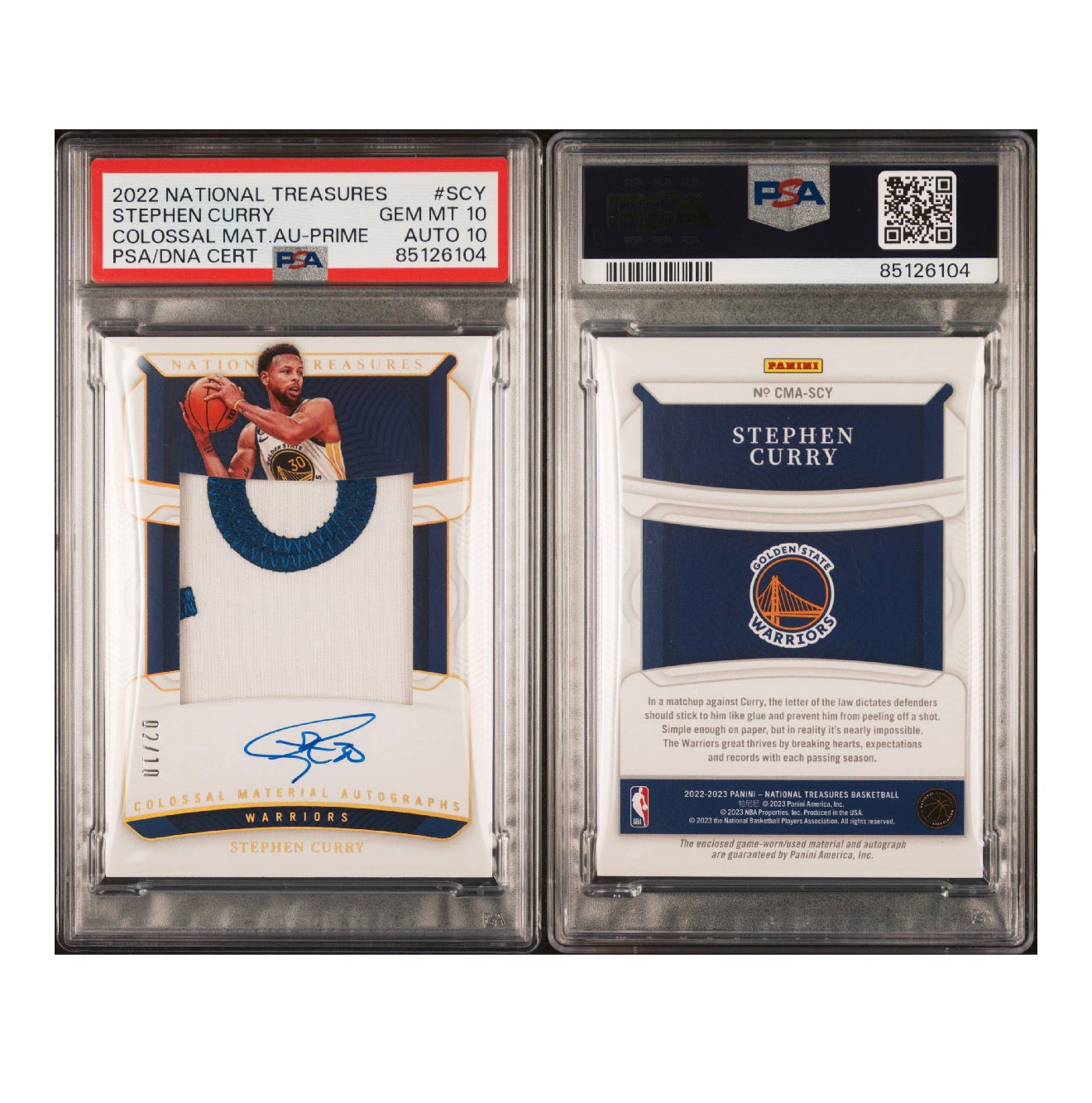 2022 PANINI NATIONAL TREASURES COLOSSAL MATERIAL AUTOGRAPHS #SCY STEPHEN CURRY COLOSSAL MATERIAL AUTOGRAPHS PRIME 02/10 PSA 10 AUTO 10 (Consignment)