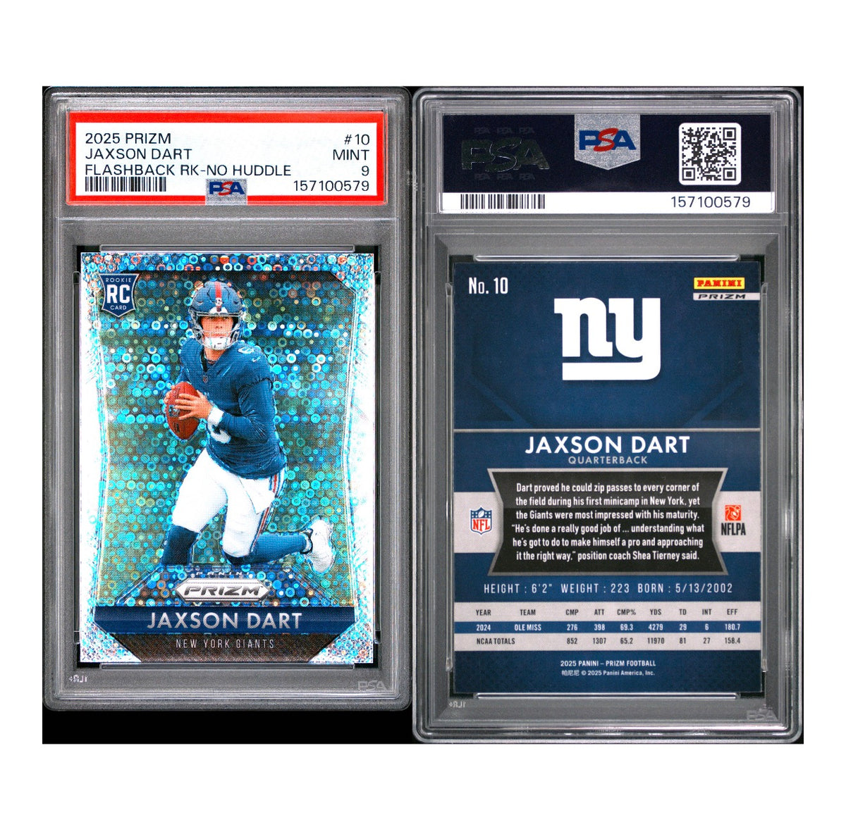 2025 PANINI PRIZM PRIZM FLASHBACK ROOKIE #10 JAXSON DART NO HUDDLE PSA 9 MINT (SY)