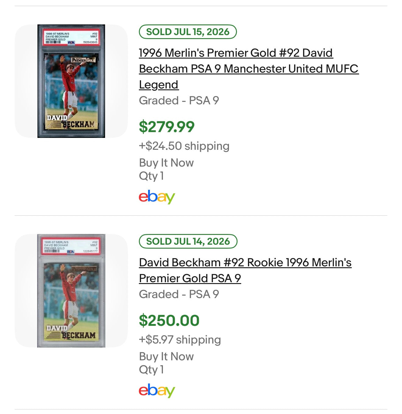 1996 MERLIN'S PREMIER GOLD #92 DAVID BECKHAM PREMIER GOLD PSA 10 GEM MINT (RS)
