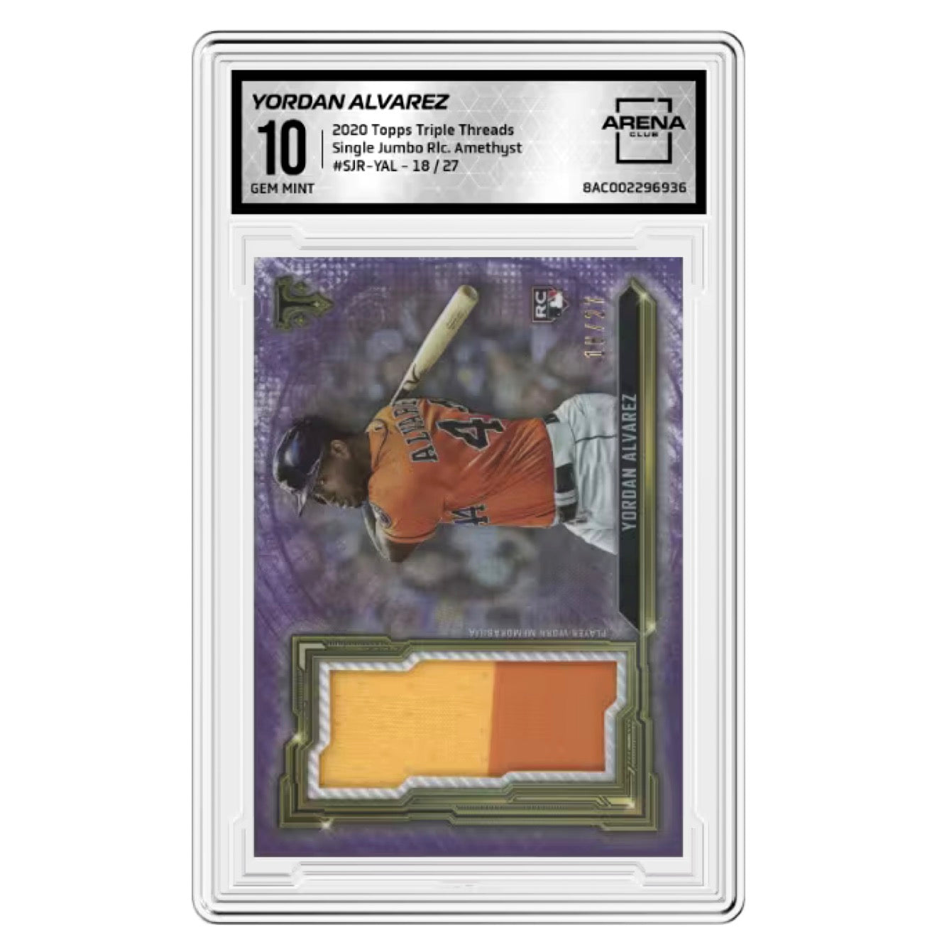 2020 Topps Triple Threads YORDAN ALVAREZ Single Jumbo Relic Amethyst #SJR-YAL /27 Arena Club 10 (Consignment)
