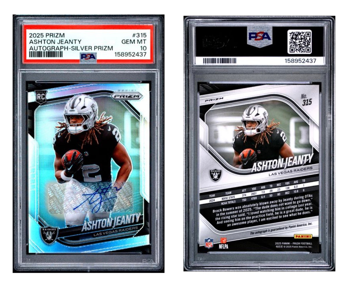2025 PANINI PRIZM #315 ASHTON JEANTY AUTOGRAPH-SILVER PRIZM PSA 10 (JC)