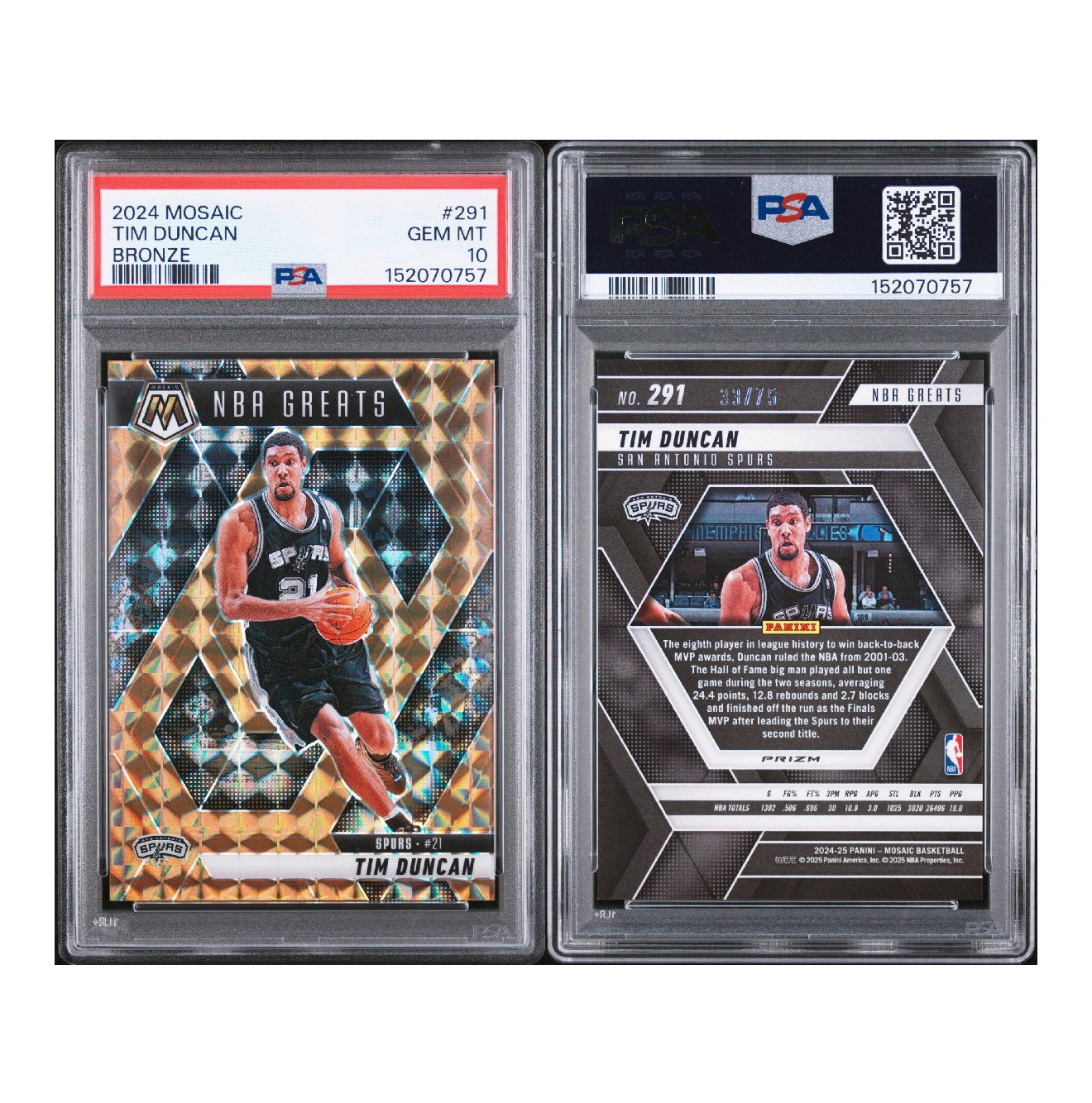 2024 PANINI MOSAIC #291 TIM DUNCAN BRONZE PSA 10 GEM MINT (RS)
