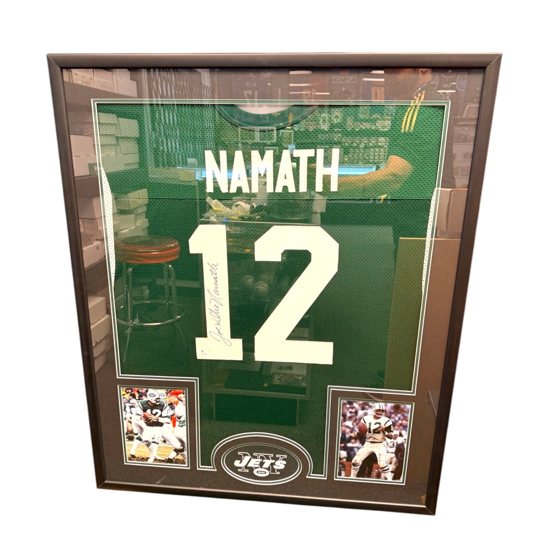 Joe Namath Autographed New York Jets #12 Professionally Framed Jersey — Certified by Global Certified Authentic (GV 133756)
