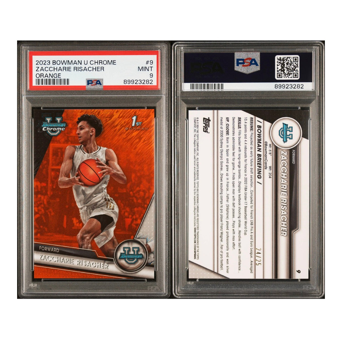 2023 BOWMAN UNIVERSITY CHROME #9 ZACCHARIE RISACHER ORANGE REFRACTOR 24/25 PSA 9 MINT (NW)
