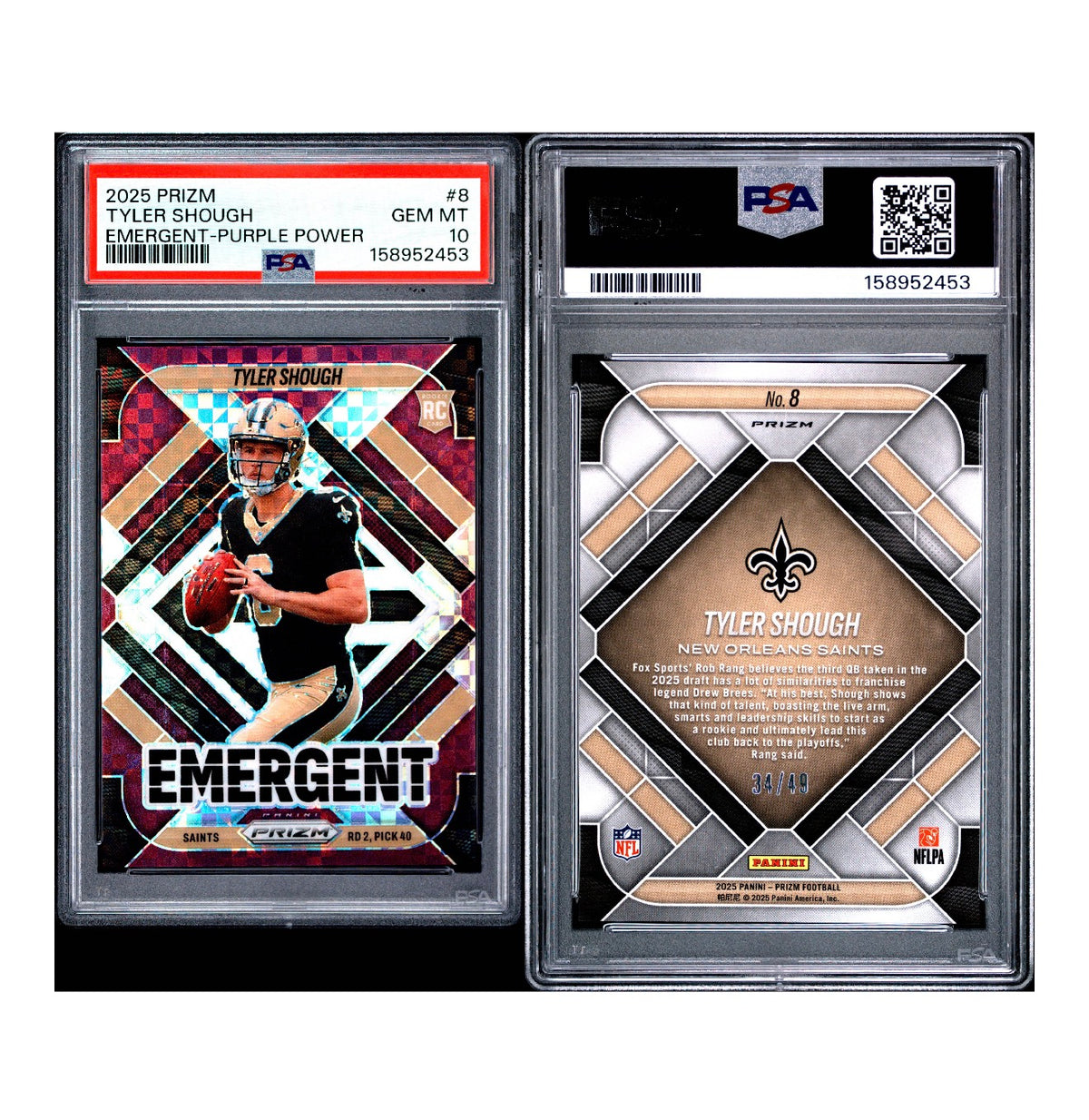 2025 PANINI PRIZM EMERGENT #8 TYLER SHOUGH EMERGENT-PURPLE POWER 34/49 PSA 10 (JC)