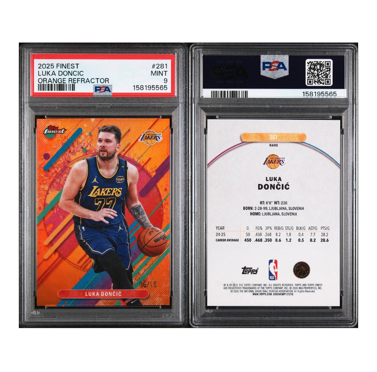 2025-26 TOPPS FINEST #281 LUKA DONCIC ORANGE REFRACTOR PSA 9 MINT (TSR)