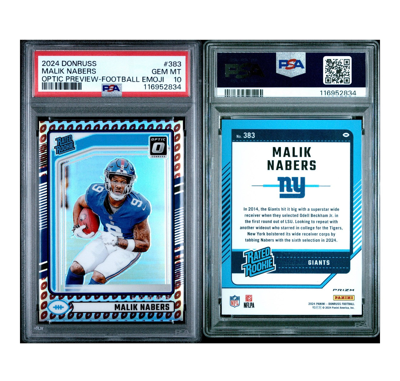 2024 PANINI DONRUSS #383 MALIK NABERS OPTIC PREVIEW-FOOTBALL EMOJI PSA 10 (TSR)