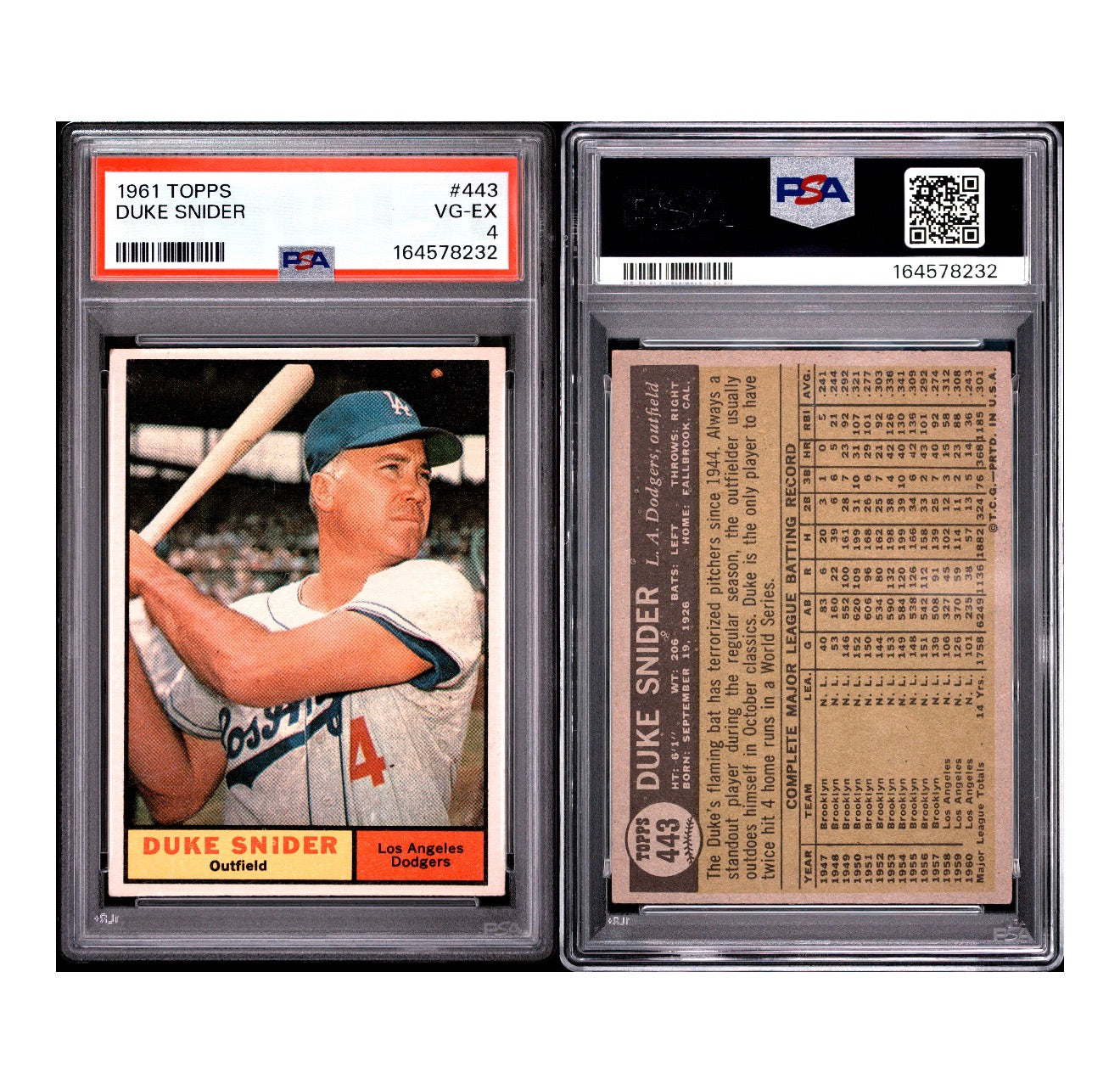 1961 TOPPS #443 DUKE SNIDER PSA 4 VG-EX (GC)