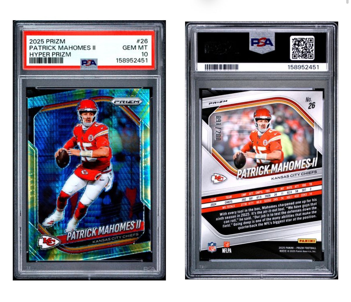 2025 PANINI PRIZM #26 PATRICK MAHOMES II HYPER PRIZM PSA 10 (JC)