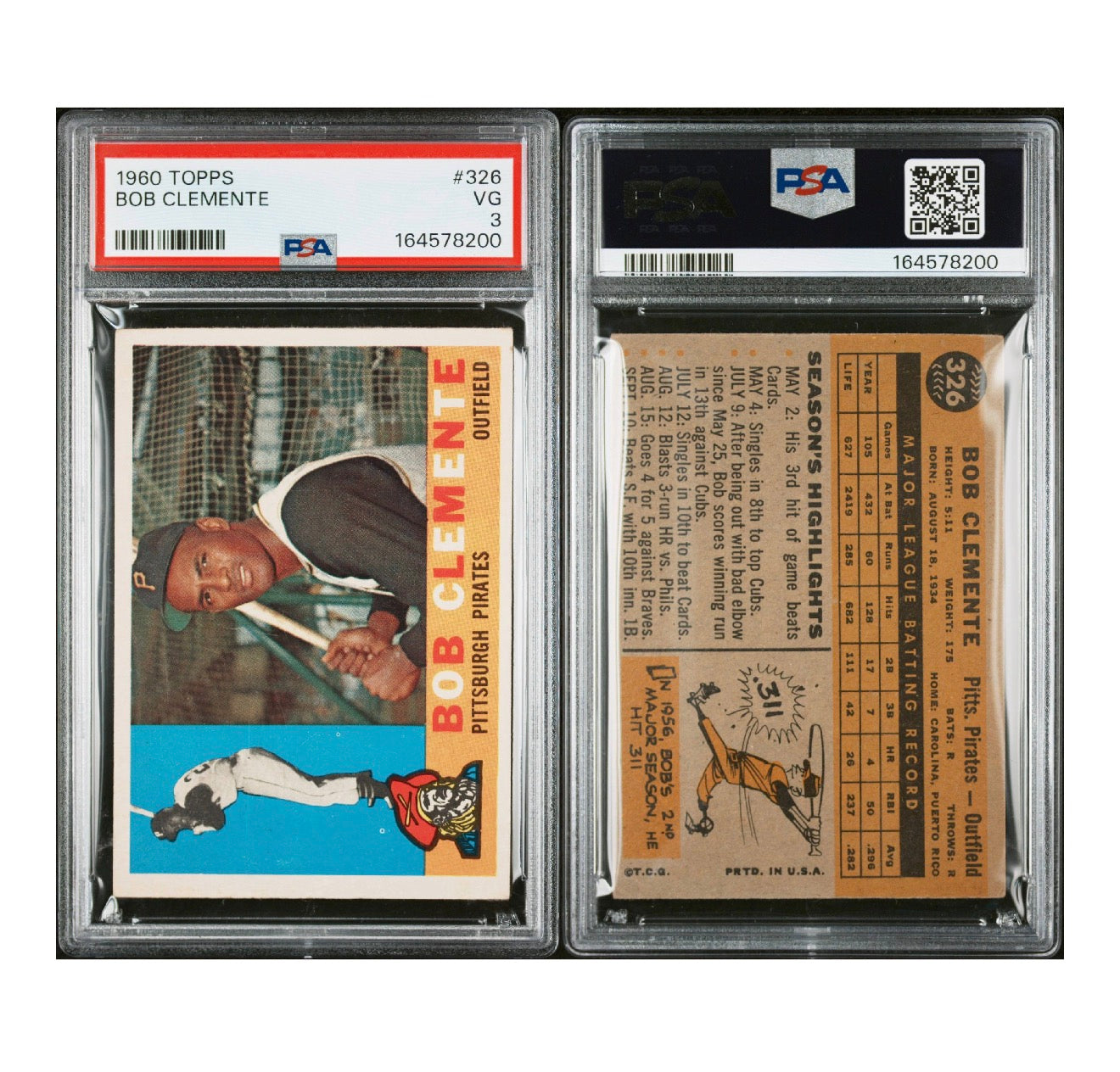 1960 TOPPS #326 BOB CLEMENTE PSA 3 VG (GC)