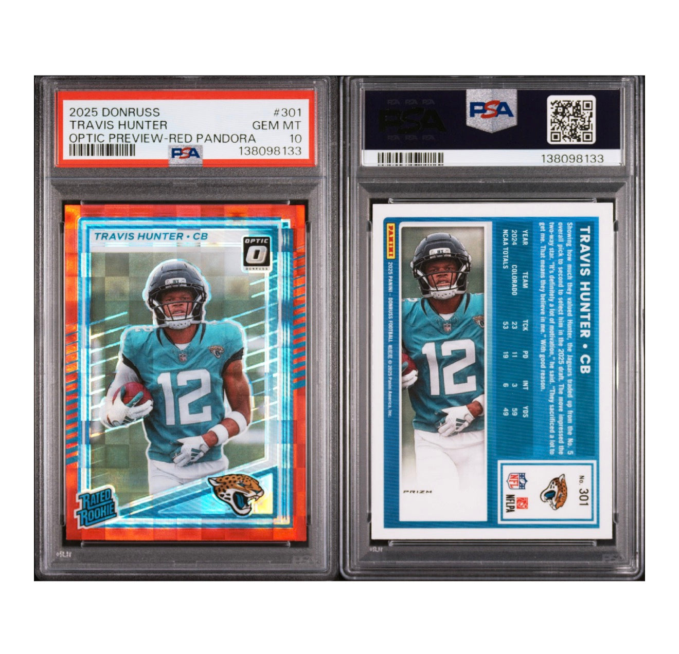 2025 PANINI DONRUSS #301 TRAVIS HUNTER OPTIC PREVIEW-RED PANDORA PSA 10 (SY)