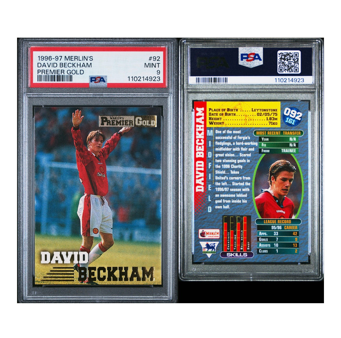 1996 MERLIN'S PREMIER GOLD #92 DAVID BECKHAM PREMIER GOLD PSA 10 GEM MINT (RS)