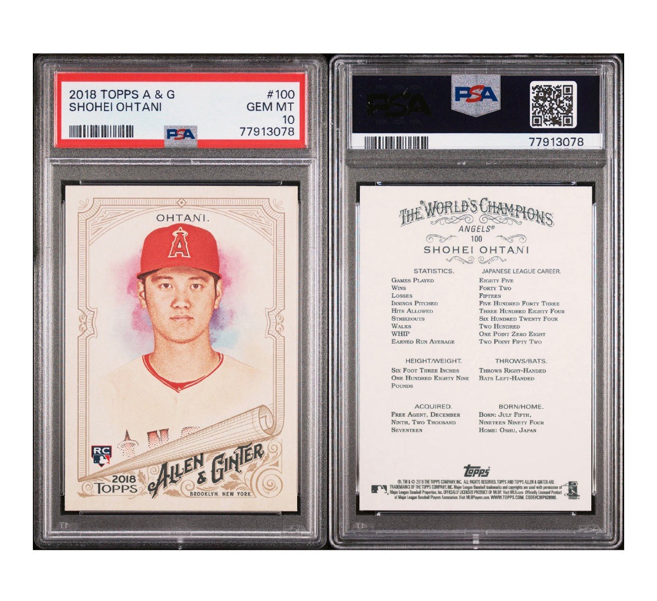 2018 TOPPS ALLEN & GINTER #100 SHOHEI OHTANI PSA 10 (GG)