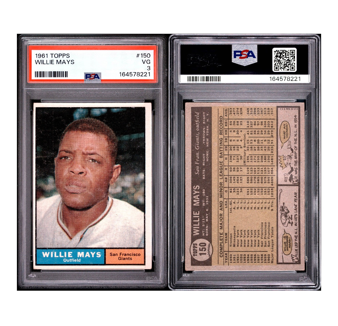 1961 TOPPS #150 WILLIE MAYS PSA 3 VG (GC)