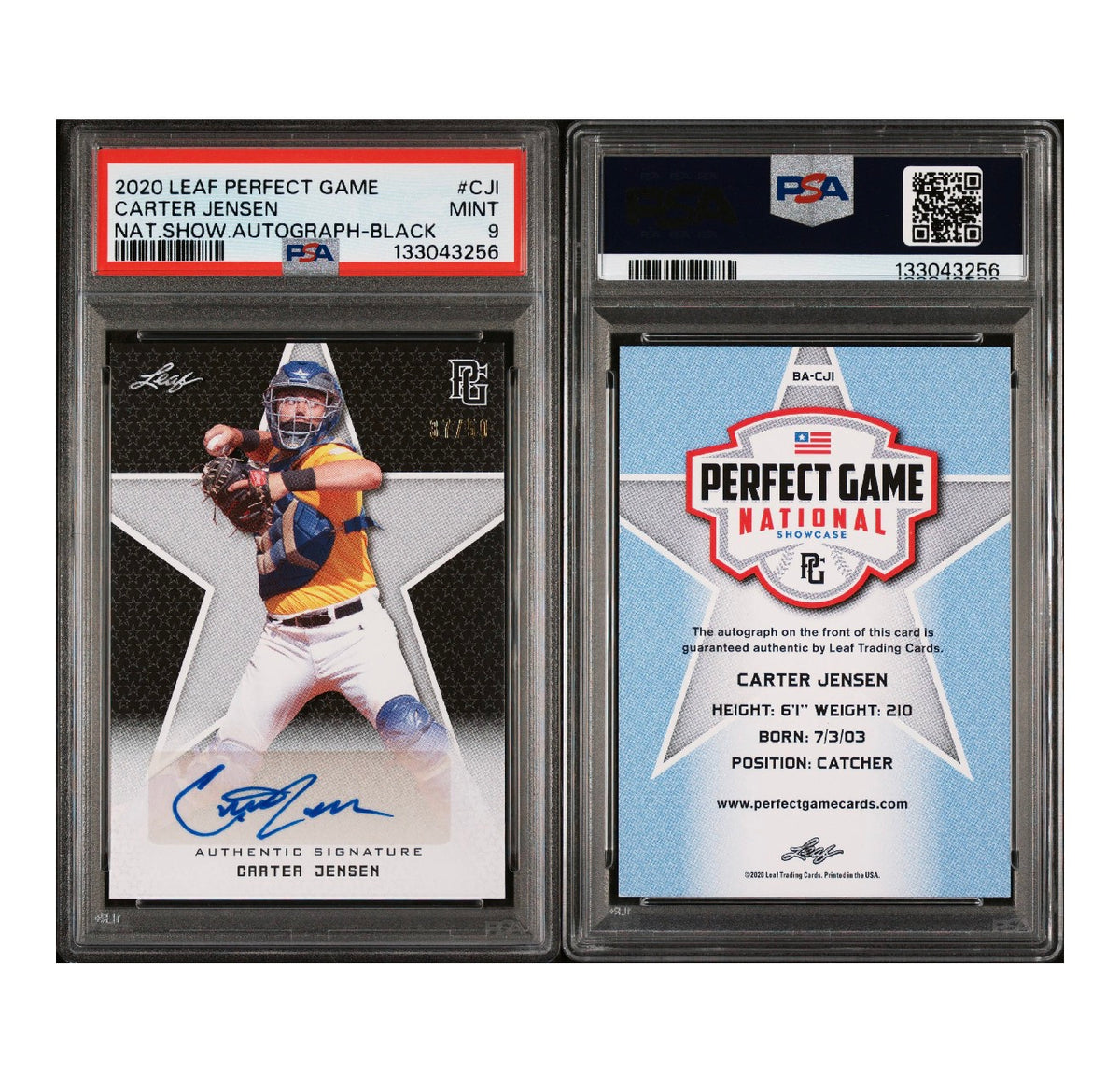 2020 LEAF PERFECT GAME NATIONAL SHOWCASE AUTOGRAPH #CJI CARTER JENSEN NAT. SHOW. AUTOGRAPH BLACK 37/50 PSA 9 (KK)