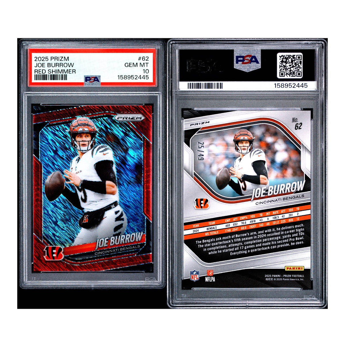 2025 PANINI PRIZM #62 JOE BURROW RED SHIMMER PSA 10 (JC)
