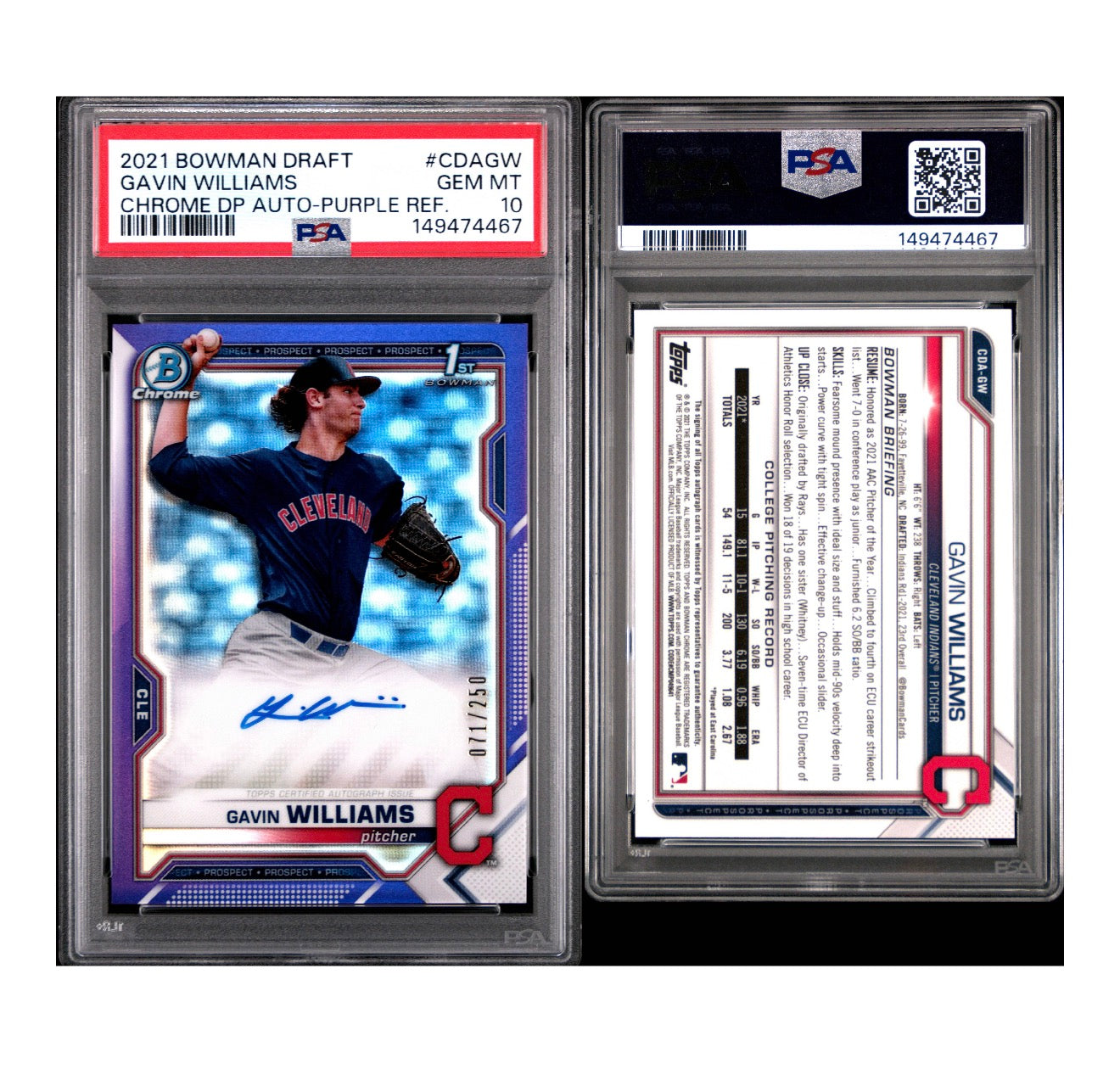 2021 BOWMAN DRAFT CHROME DRAFT PICK AUTOGRAPHS #CDAGW GAVIN WILLIAMS CHROME DP AUTO-PURPLE REF. /250 PSA 10 (JC)