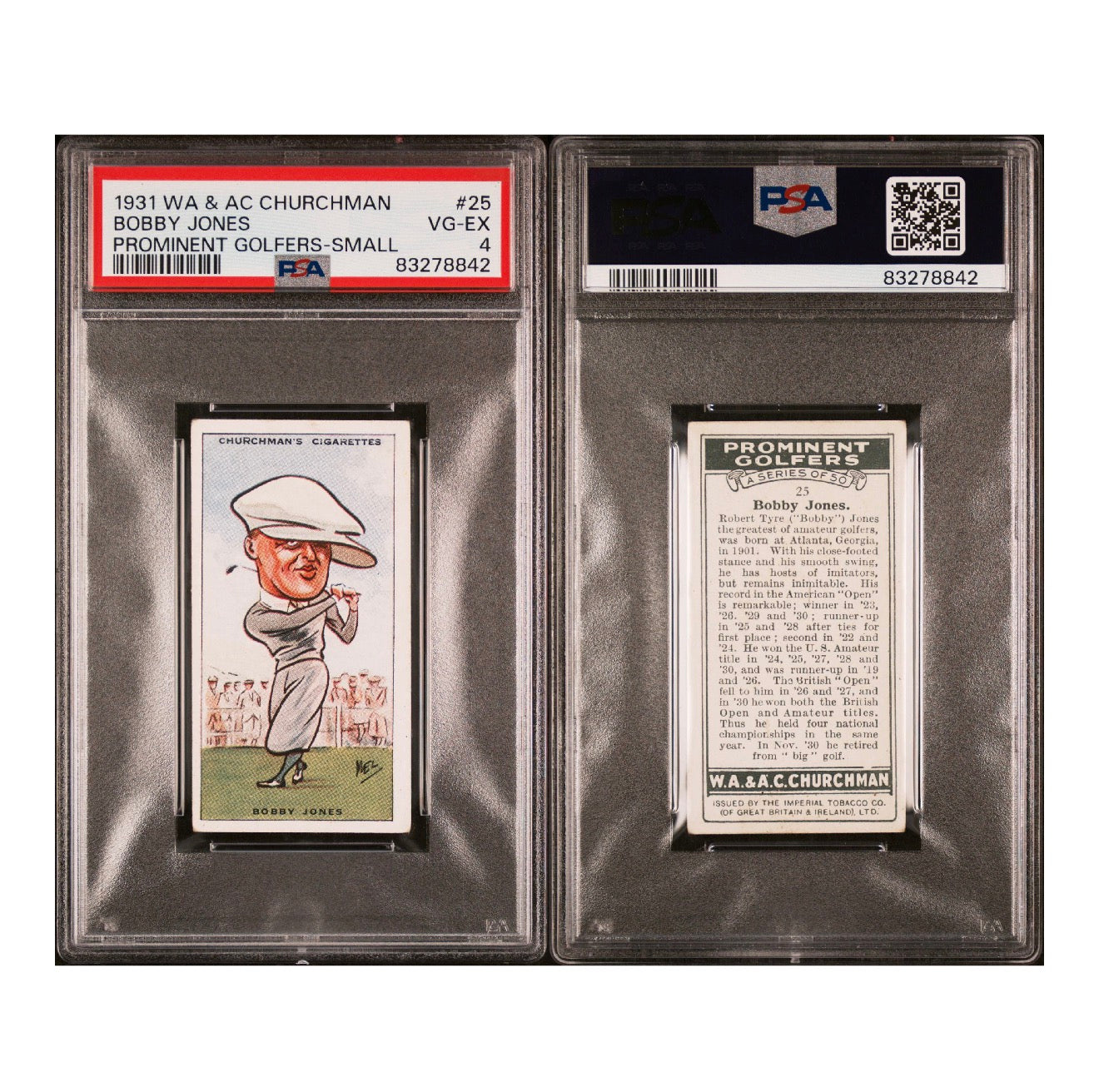 1931 W.A. & A.C. CHURCHMAN PROMINENT GOLFERS-SMALL #25 BOBBY JONES PROMINENT GOLFERS-SMALL PSA 4 (GC)