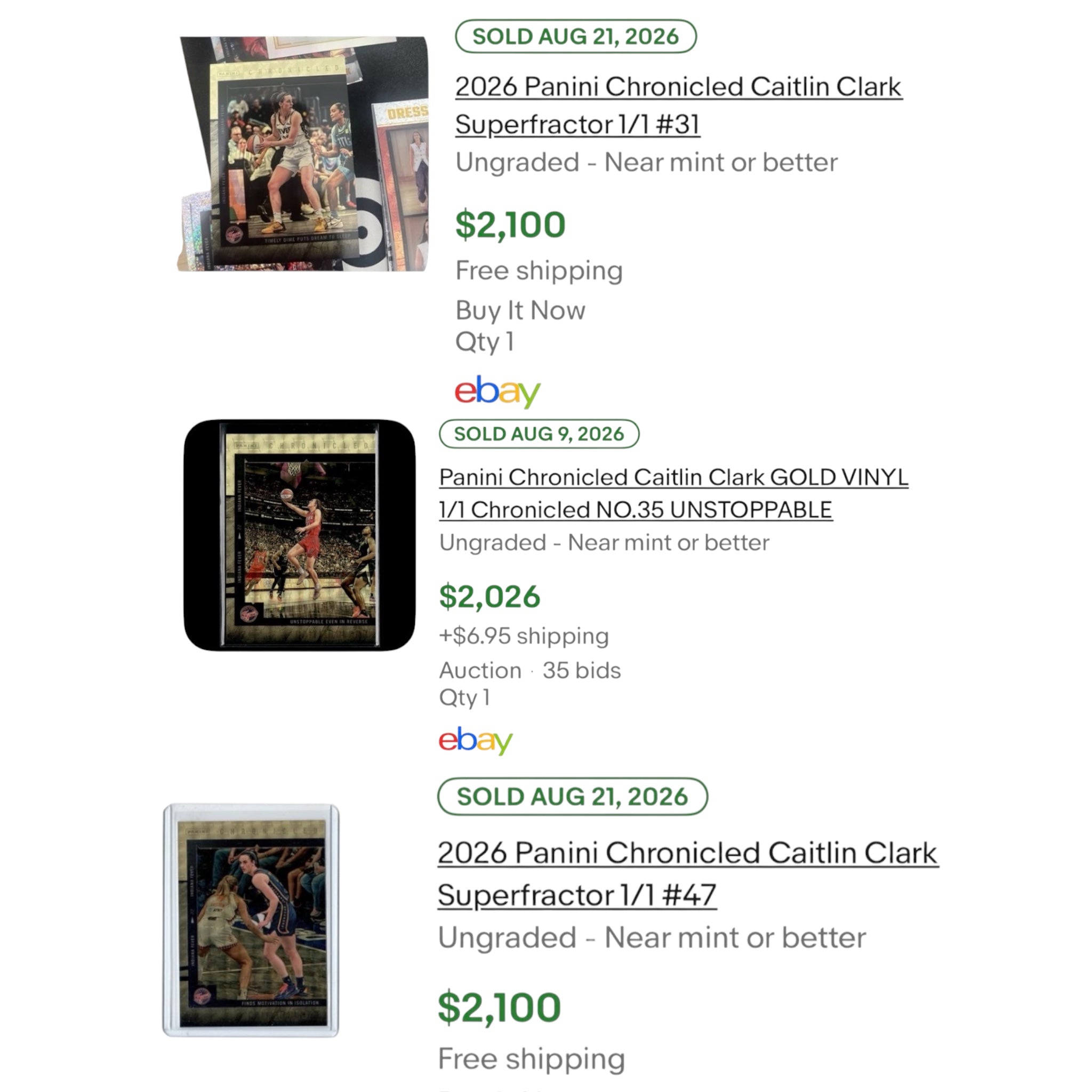 2025 Panini Caitlin Clark Chronicled #26 Gold 1/1 Indiana Fever – Logo Swish Double-Double