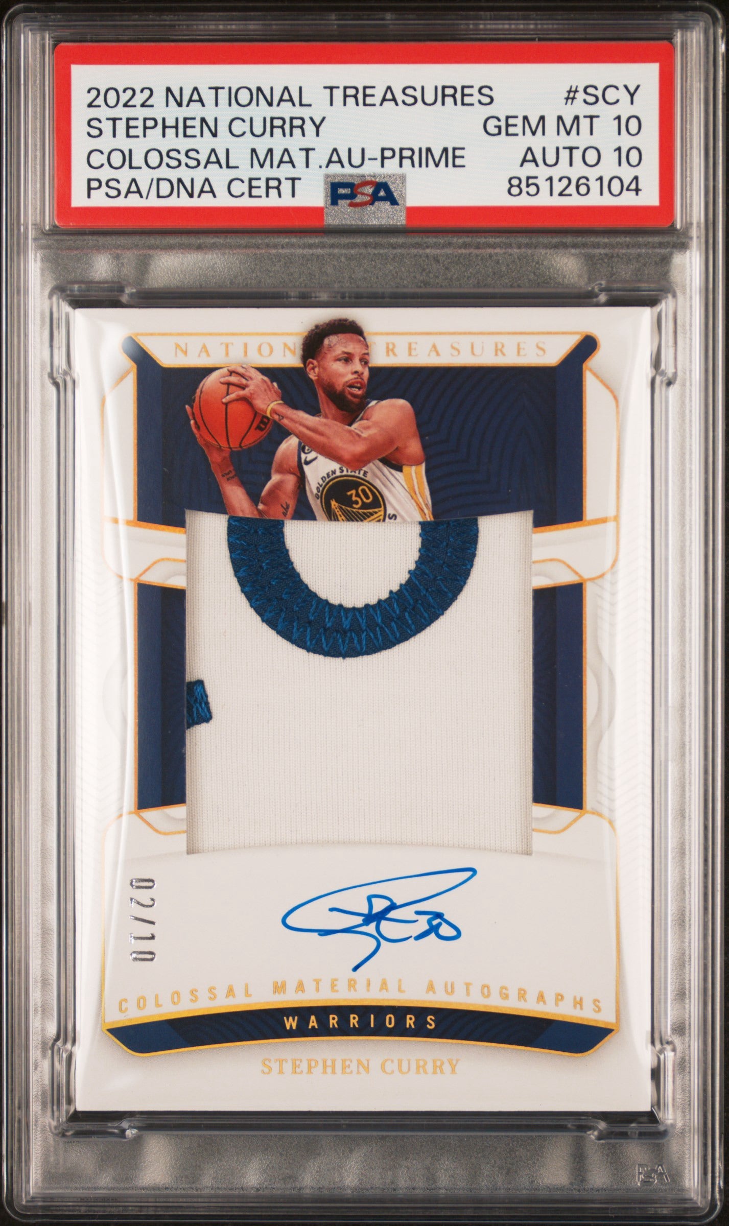 2022 PANINI NATIONAL TREASURES COLOSSAL MATERIAL AUTOGRAPHS #SCY STEPHEN CURRY COLOSSAL MATERIAL AUTOGRAPHS PRIME 02/10 PSA 10 AUTO 10 (Consignment)
