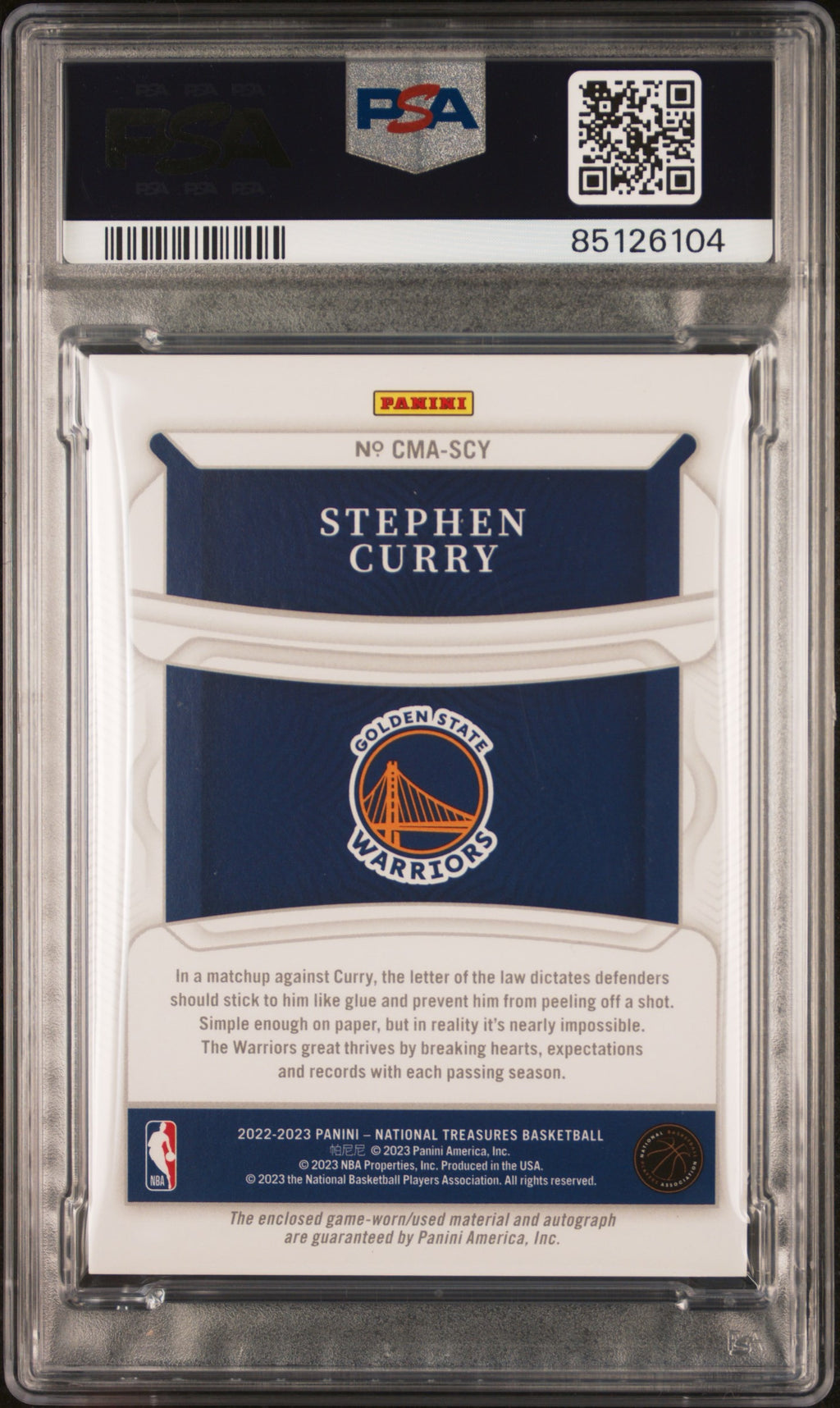 2022 PANINI NATIONAL TREASURES COLOSSAL MATERIAL AUTOGRAPHS #SCY STEPHEN CURRY COLOSSAL MATERIAL AUTOGRAPHS PRIME 02/10 PSA 10 AUTO 10 (Consignment)