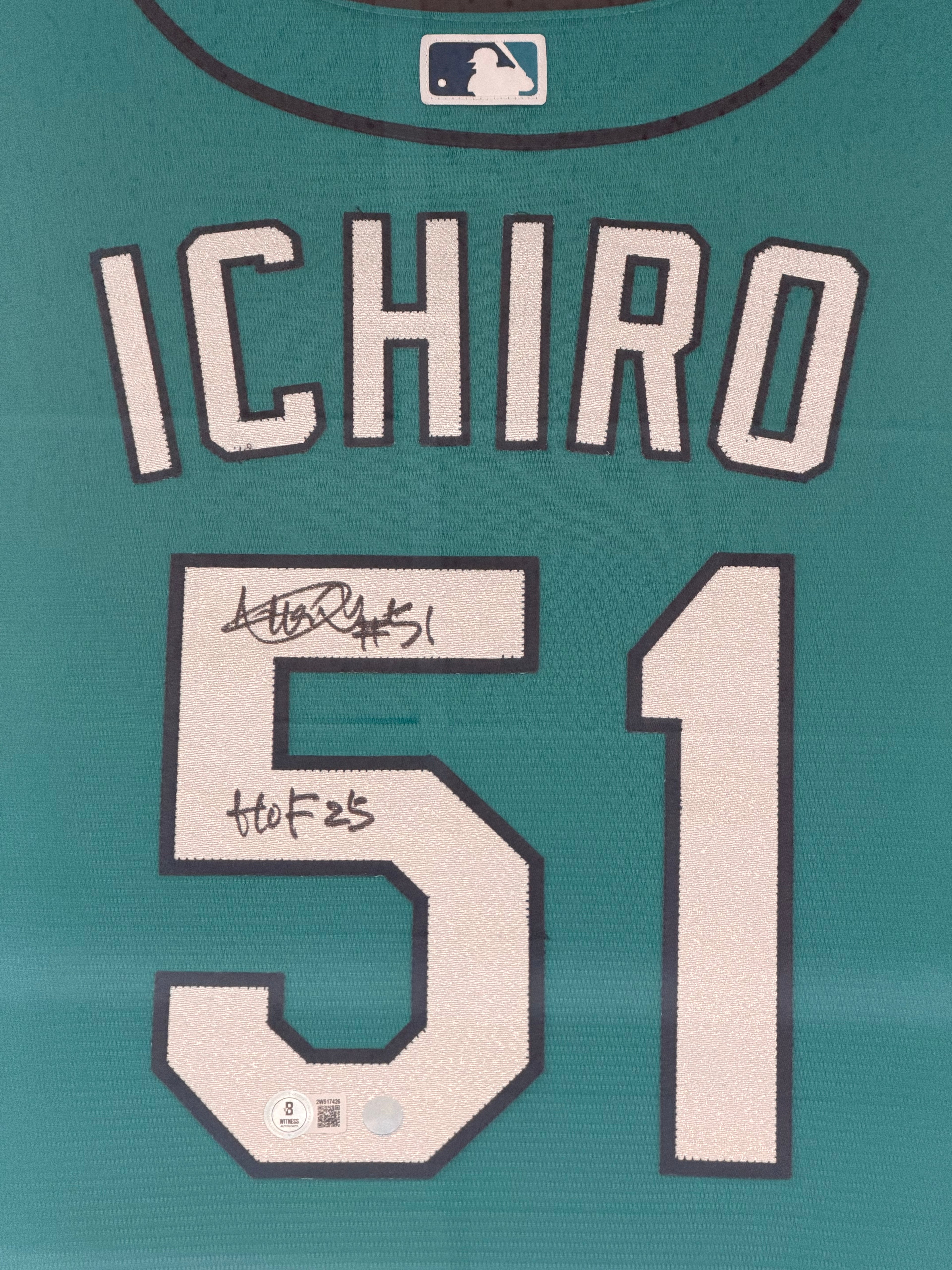 Seattle Mariners Ichiro Suzuki Autographed Framed Teal Nike Jersey IS Holo & "HOF 25" Beckett BAS Witness