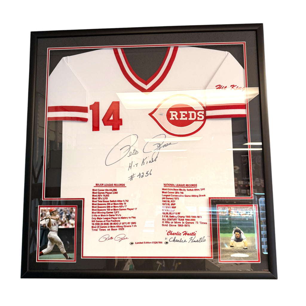 Pete Rose Autographed & Inscribed “Hit King” Cincinnati Reds Limited Edition Framed Career Stat Jersey #326/500