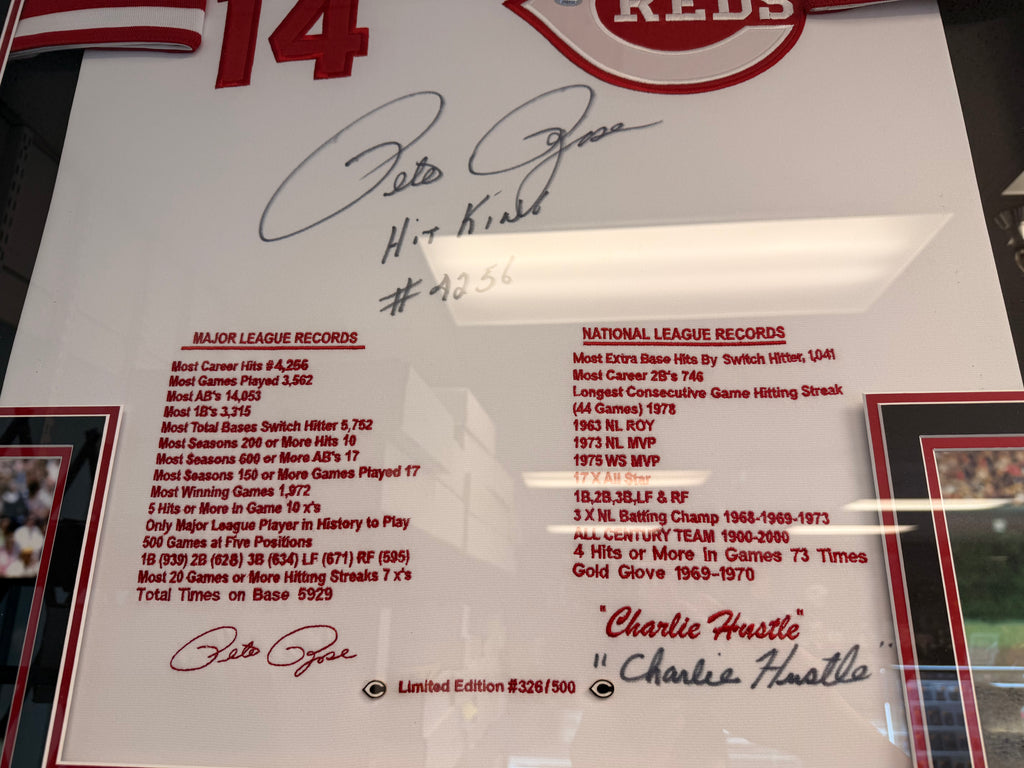 Pete Rose Autographed & Inscribed “Hit King” Cincinnati Reds Limited Edition Framed Career Stat Jersey #326/500