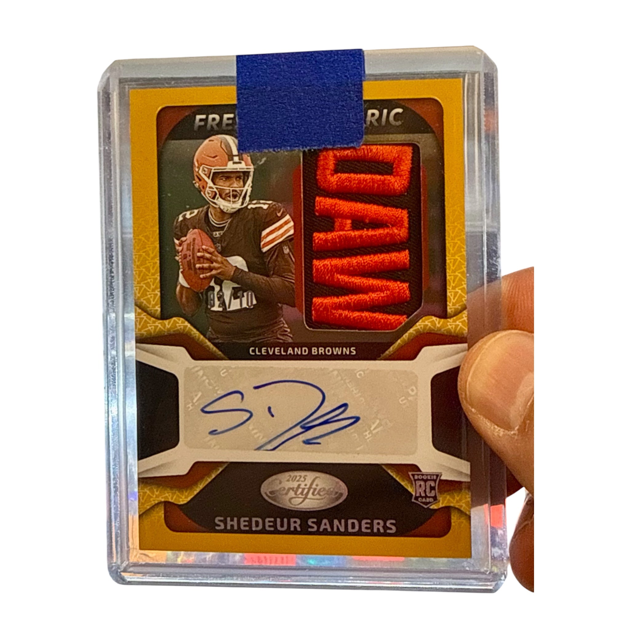 2025 Panini Certified Shedeur Sanders Freshman Fabric Gold Etch Rookie Patch Auto /10 #FBC-SSS
