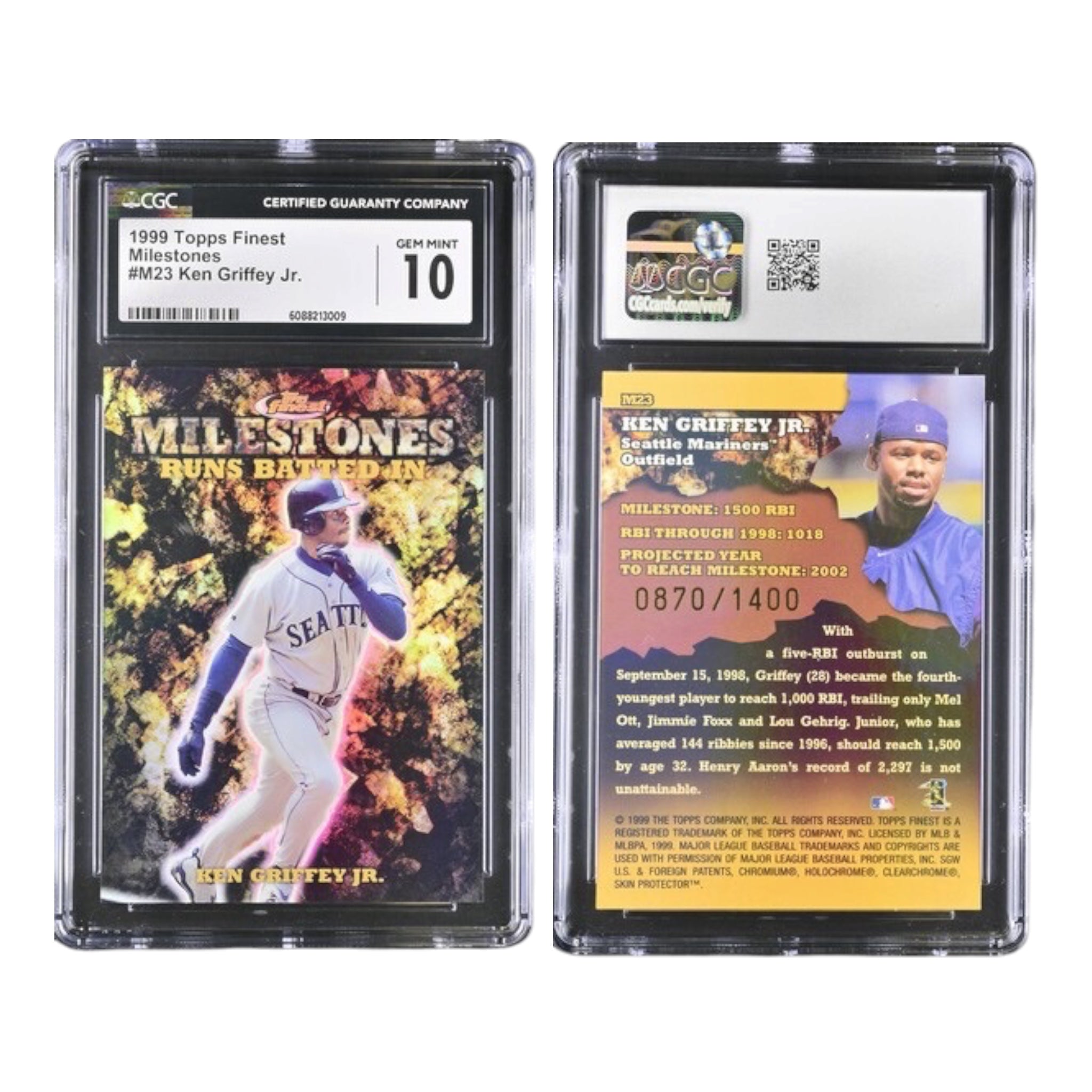 1999 Topps Finest Milestones — Runs Batted In #M23 Ken Griffey Jr. /1400 CGC 10