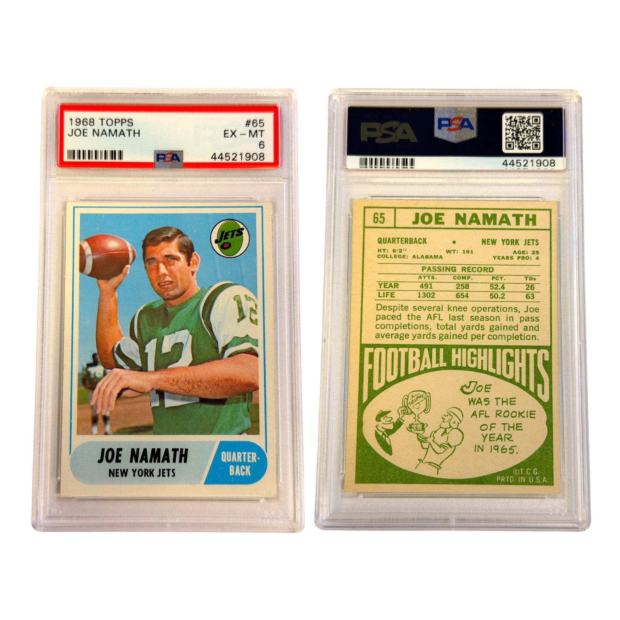 1968 TOPPS #65 JOE NAMATH PSA 6 EX-MT (RB)