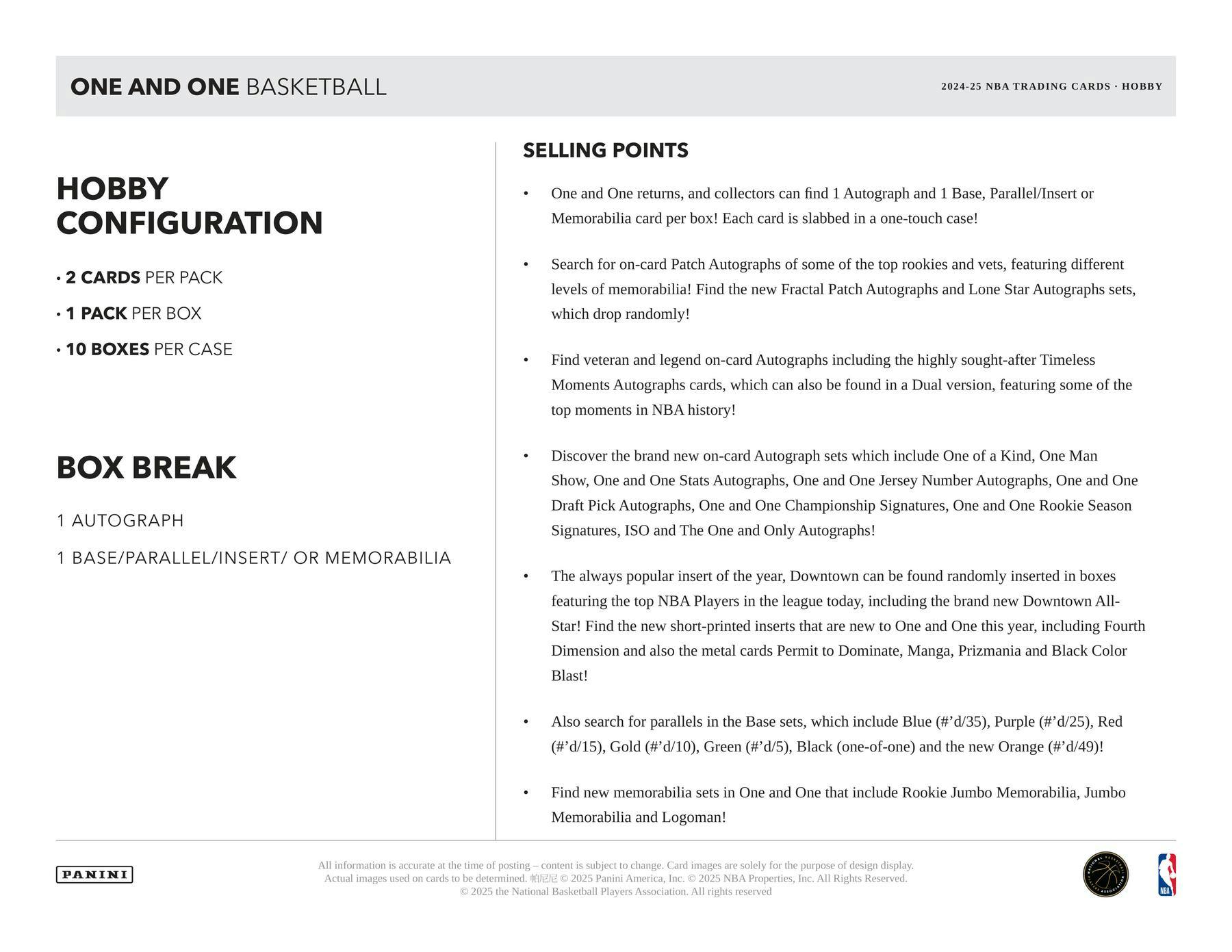 2024-25 Panini One and One Basketball Hobby Box