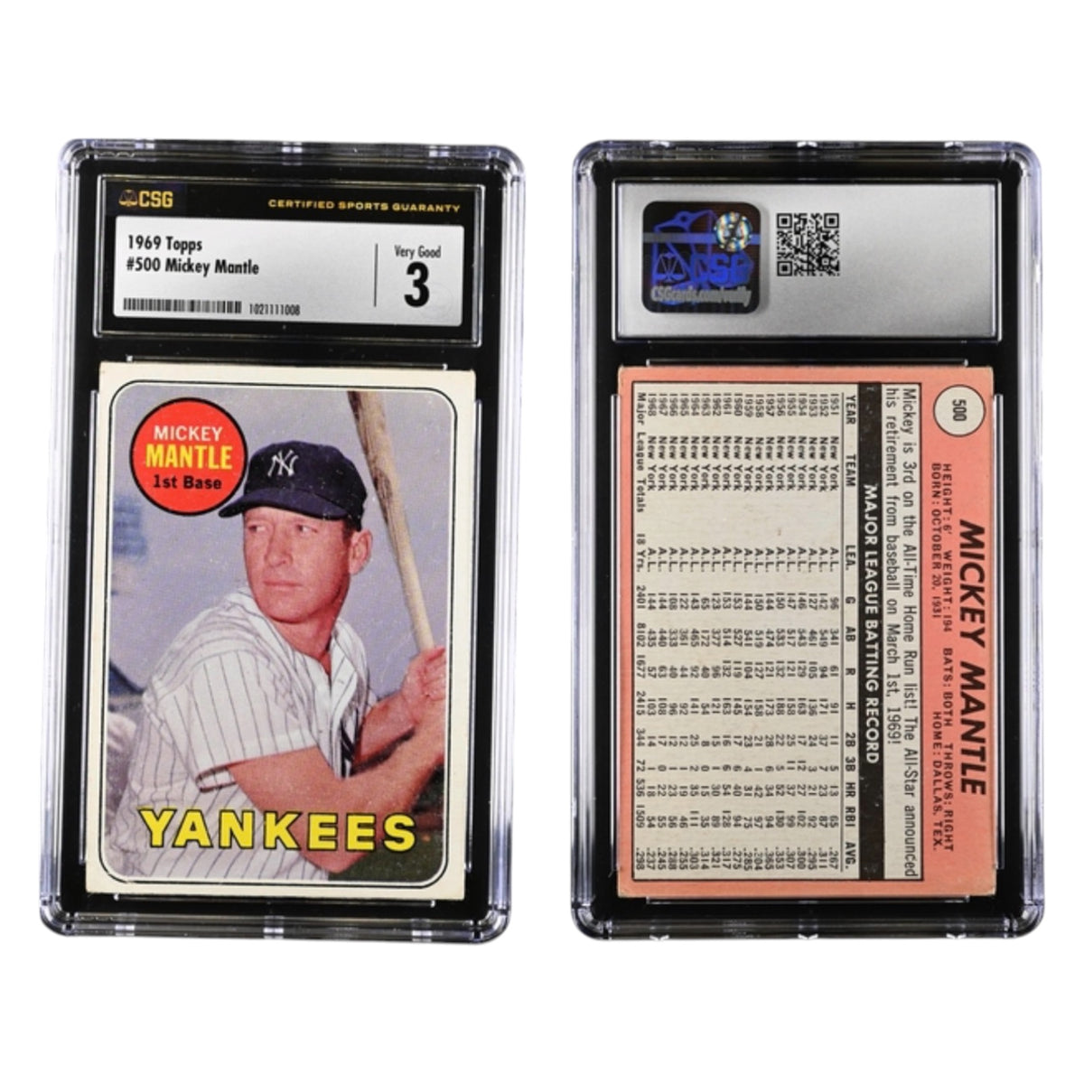 1969 TOPPS #500 MICKEY MANTLE CGC 3 VG (JH)
