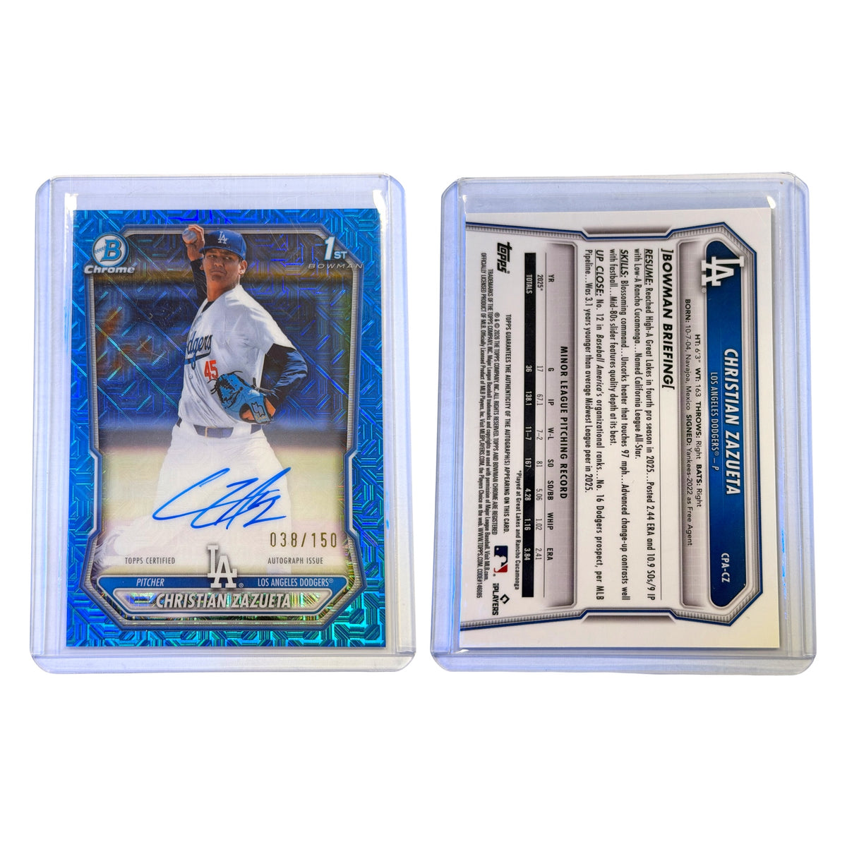 2026 BOWMAN CHROME CHRISTIAN ZAZUETA 1st BOWMAN AUTO 038/150 #CPA-CZ BLUE MOJO REFRACTOR (KC)