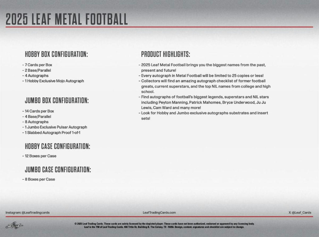 2025 Leaf Metal Football Hobby Jumbo Box