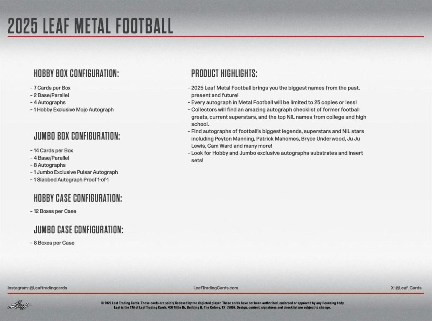 2025 Leaf Metal Football Hobby Jumbo Box