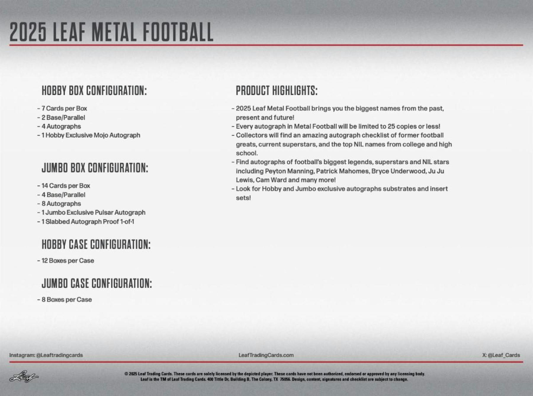2025 Leaf Metal Football Hobby Jumbo Box