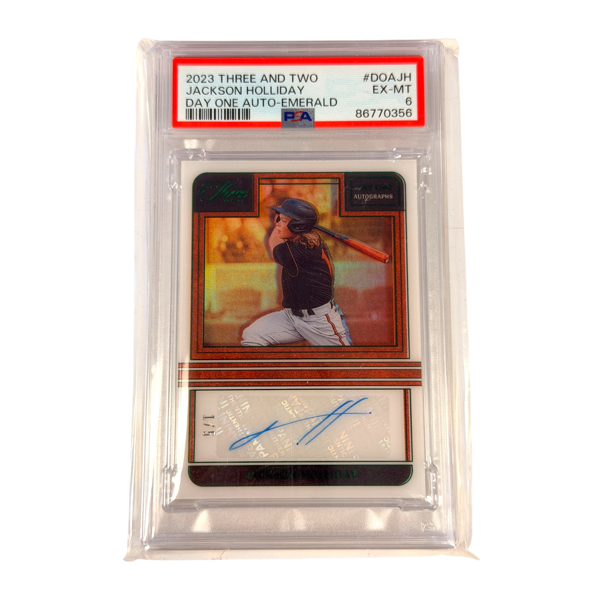 2023 PANINI THREE AND TWO DAY ONE AUTOGRAPHS EMERALD 1/5 #DOAJH JACKSON HOLLIDAY PSA 6 (NW)
