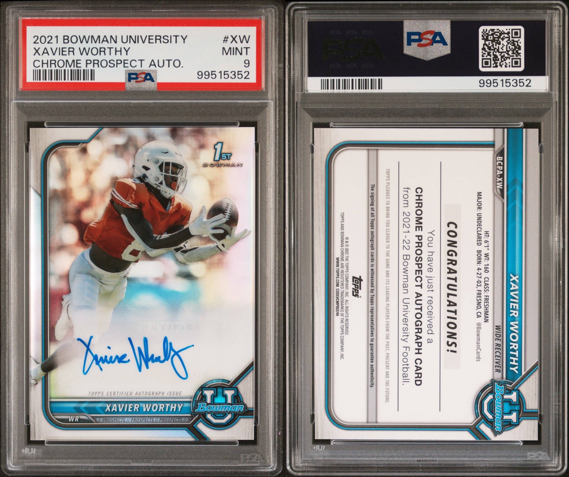 2021 BOWMAN UNIVERSITY CHROME PROSPECT AUTOGRAPHS #XW XAVIER WORTHY CHROME PROSPECT AUTOGRAPH PSA 9 (RS)