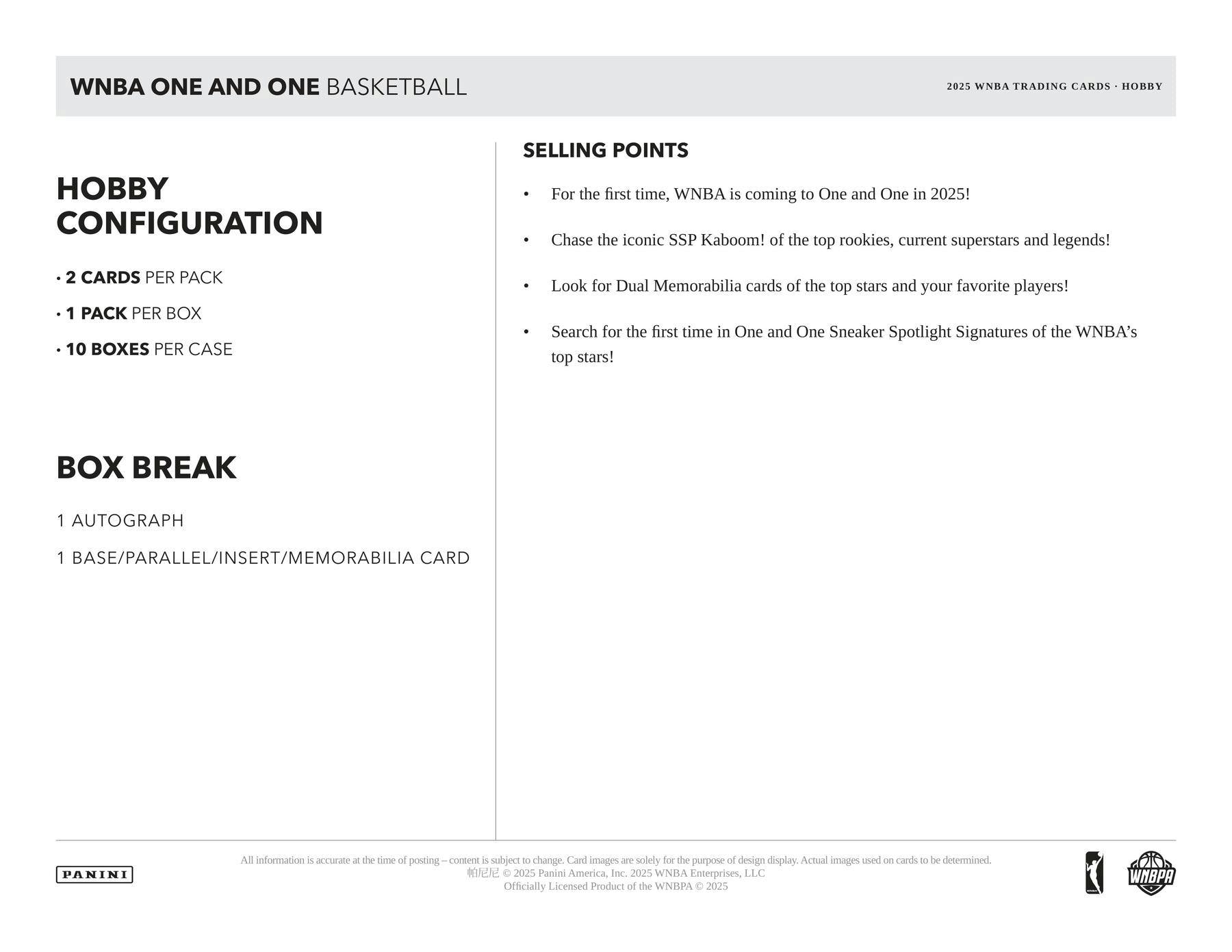 2025 Panini One and One WNBA Basketball Hobby Box (3/13)