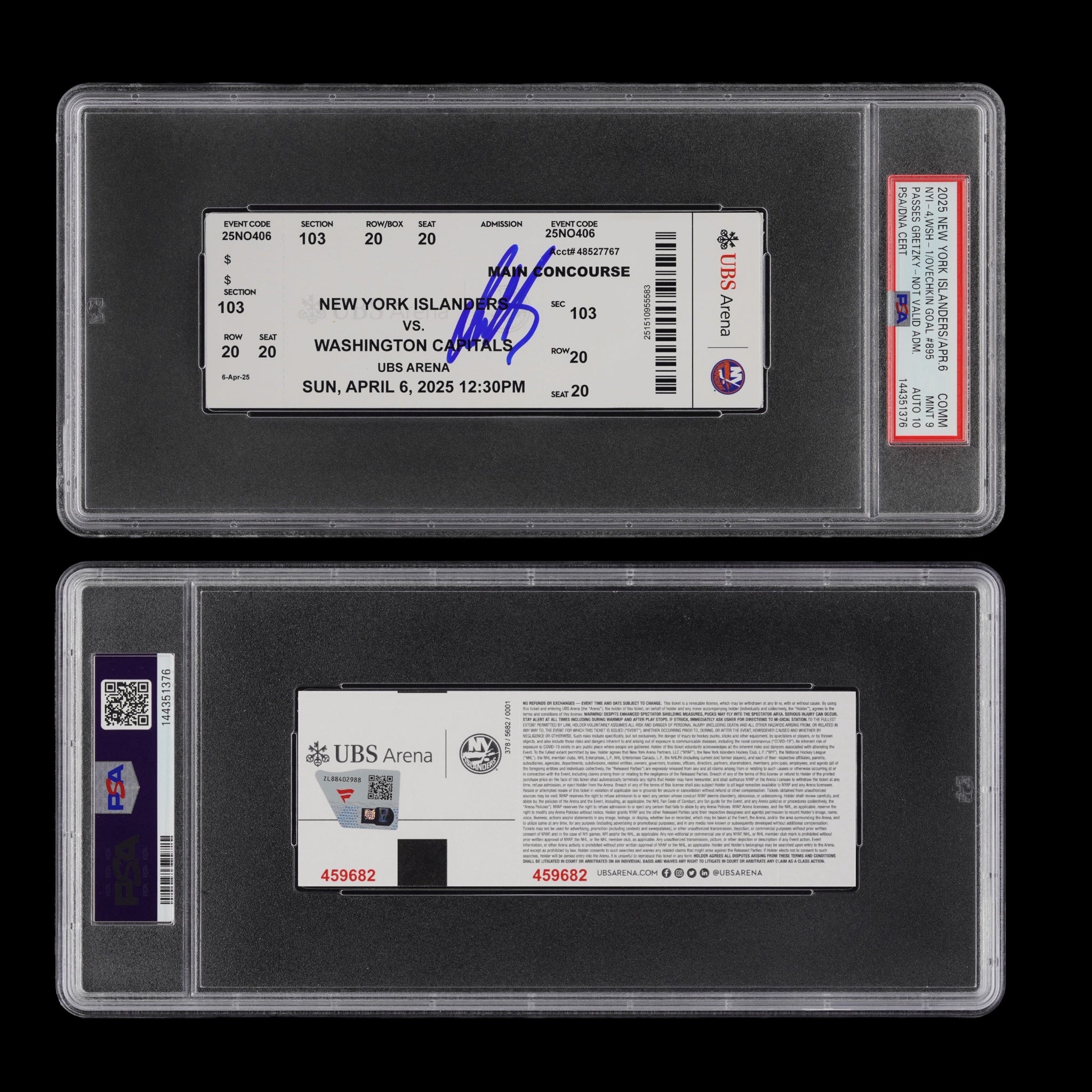 Alexander Ovechkin Washington Capitals Autographed Fanatics Authentic Scores 895th Goal & Passes Wayne Gretzky Becoming NHL All-Time Leading Goal Scorer | PSA Authenticated 9/10 Ticket from April 6, 2025