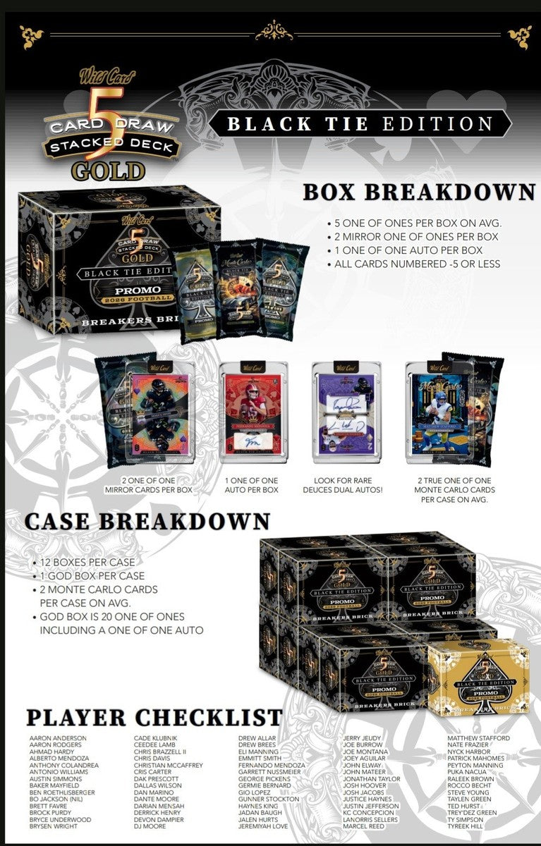 2026 Wild Card 5 Card Draw Stacked Deck Gold Black Tie Edition Football Breaker Brick