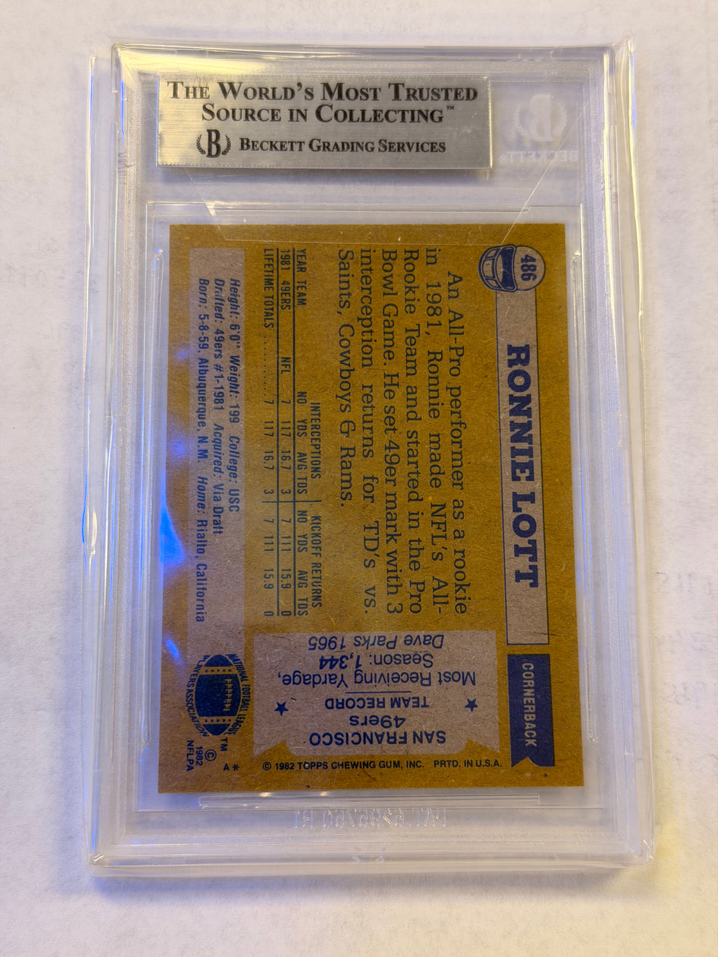 1982 TOPPS 486 RONNIE LOTT ALL-PRO BGS 9 MINT (GG)