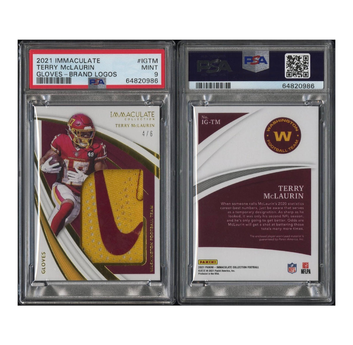 2021 PANINI IMMACULATE COLLECTION GLOVES #IGTM TERRY McLAURIN BRAND LOGOS NIKE #4/6 PSA 9 (SY)