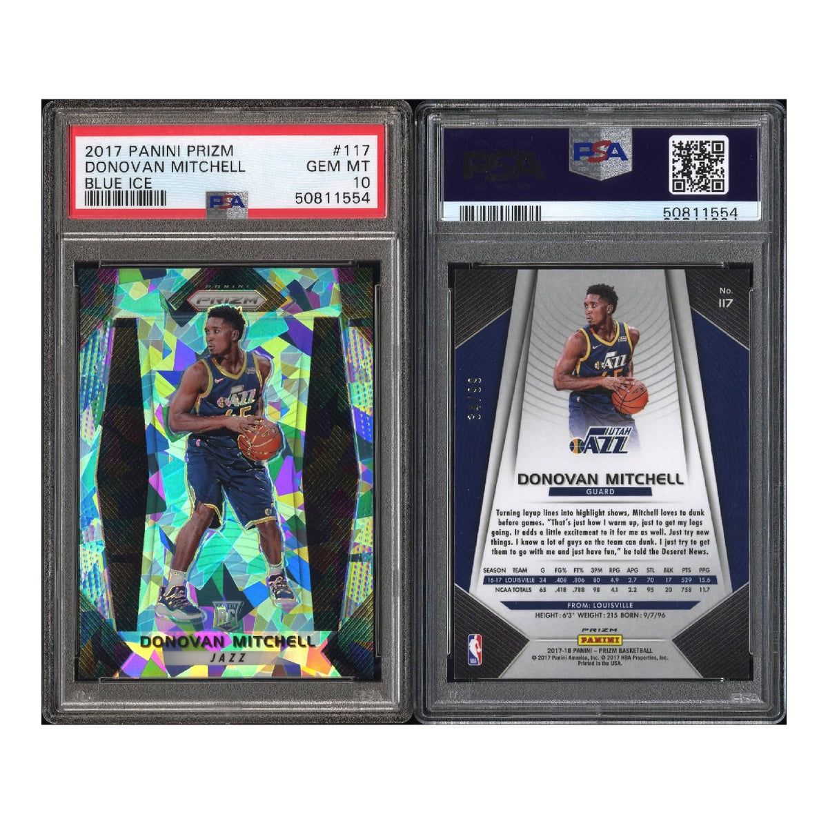 2017 PANINI PRIZM #117 DONOVAN MITCHELL BLUE ICE 34/99 PSA 10 (SY)