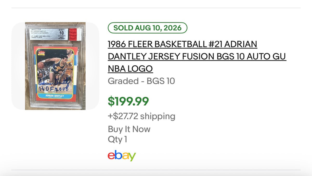 1986-87 Fleer #21 ADRIAN DANTLEY BAS 10 AUTHENTIC AUTO BECKETT JF Game Used Patch Jersey Fusion (KA)