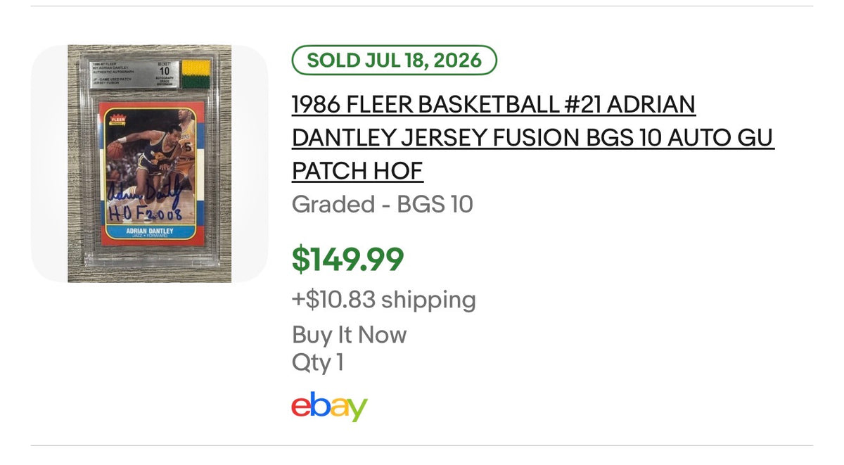 1986-87 Fleer #21 ADRIAN DANTLEY BAS 10 AUTHENTIC AUTO BECKETT JF Game Used Patch Jersey Fusion (KA)
