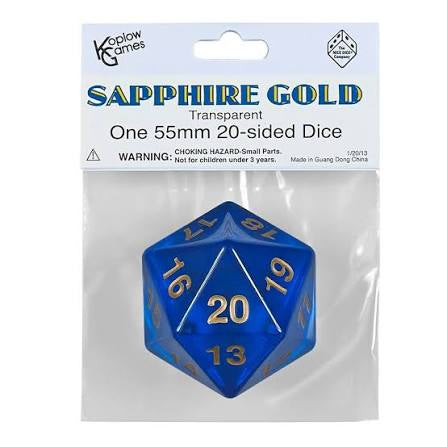 Koplow Games: Countdown Transparent D20 55mm 20-sided Dice (Sapphire Gold)